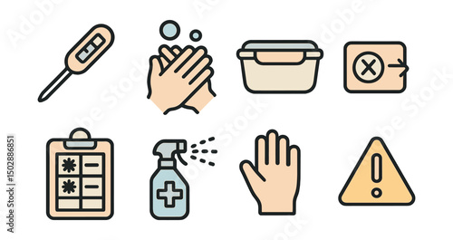 Outline with Fill style icons of food safety: food thermometer, clean hands, sealed container, expiry label, storage chart, disinfectant spray, glove, warning symbol.