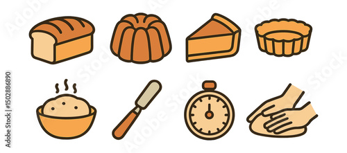 Outline with Fill style icons of home baking: bread loaf, bundt cake, pie slice, tart tin, dough rising, icing spatula, oven timer, kneading hands.