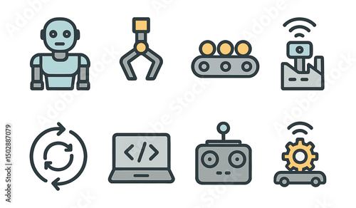 Outline with Fill icon set for robotics and automation: humanoid robot, robotic claw, conveyor belt, factory sensor, automation loop, programming unit, drone controller, smart machine.