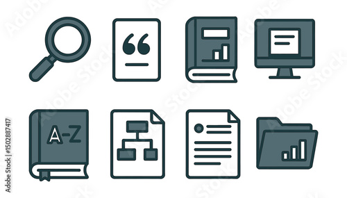 Outline with Fill icon set for academic research: magnifying glass, citation icon, research journal, digital archive, reference book, thesis outline, annotated notes, data folder.