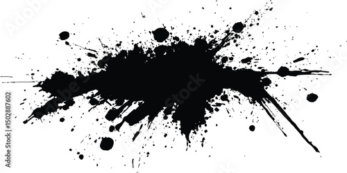 Wallpaper Mural Black ink Splatter, black paint, ink brush strokes, brushes, lines, grungy. Black inked splatter dirt stain splattered spray splash with drops blots. White background.  Torontodigital.ca