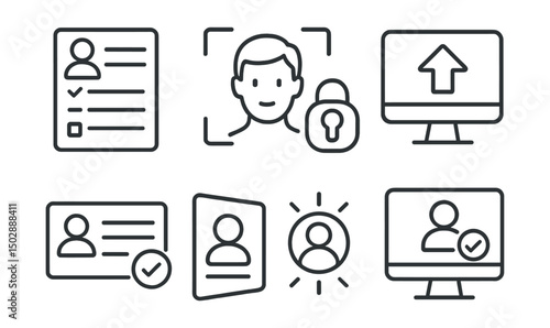 Line style icons of digital identity: KYC verification form, face ID scan icon, biometric authentication symbol, document upload screen, ID card verification, passport photo check, liveness detection