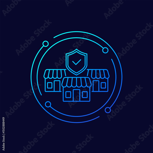 business insurance icon with shops, linear design