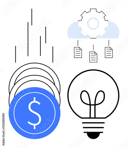 Lightbulb alongside falling blue coins, gear merging with cloud, and document icons. Ideal for ideas, finance, technology, innovation, cloud computing strategy digital transformation. Flat simple