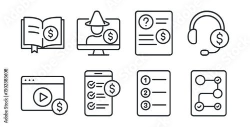 Line style icons of crypto staking: staking guide icon, new user staking wizard, staking FAQ panel, help center for staking, tutorial walkthrough icon, video guide badge, staking checklist screen,
