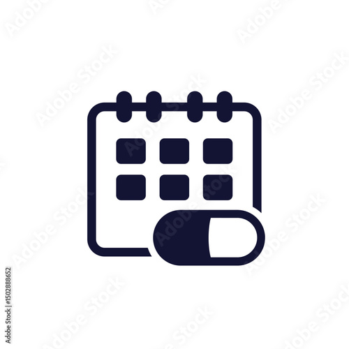 medication schedule icon with calendar and pill, pictogram on white