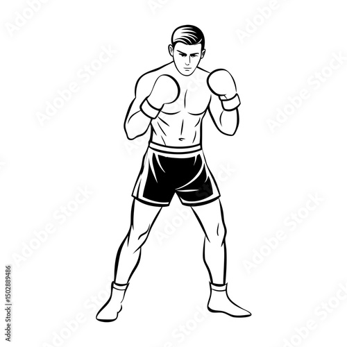 Male Boxer Line Art Illustration – Fighting Pose