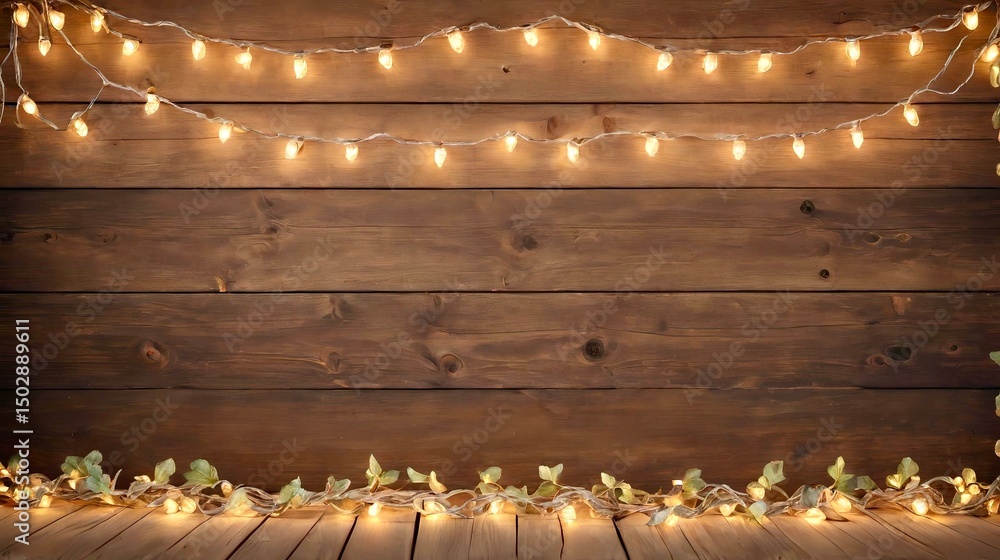 Naklejka premium wooden background with garland for product demonstration, banner 