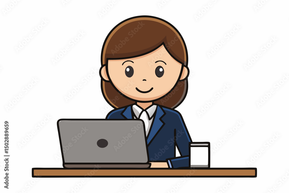 Businesswoman Working on Laptop – Office Illustration Businesswoman Working on Laptop – Office Illustration