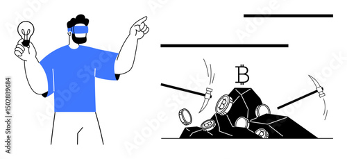 Man points with a light bulb in hand beside bitcoin mining tools and coins on rock. Ideal for cryptocurrency, blockchain, innovation, problem-solving, investment, technology, digital currency. Flat