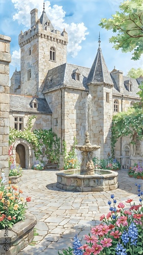 An illustrated scene depicting a castle-like structure with a tower and turrets, surrounded by a lush courtyard with a fountain and flower beds.