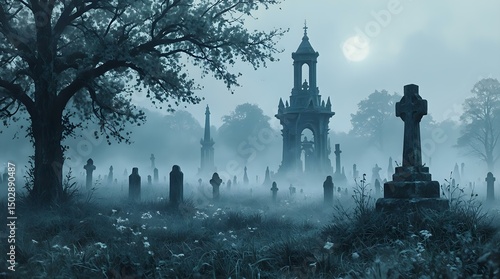 A foggy and misty graveyard scene with a group of gravestones, a tall, ornate tower, and a tree in the foreground under a full moon.
