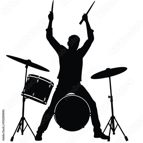 Drummer silhouette with raised drumsticks  