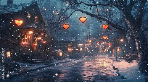 Winter night town scene with decorations