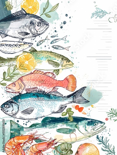 watercolor in sketch style,  cooking poster of fish assortment 