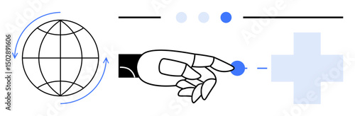 Robotic hand pointing to globe and healthcare symbol, emphasizing innovation, global interaction, and technology. Ideal for digital health, AI, robotics, global networking, medtech future trends