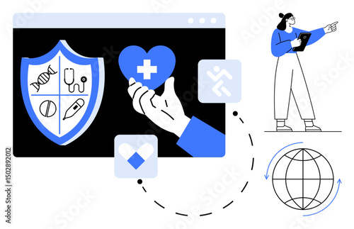 Shield with health icons, hand holding heart with medical cross, person with tablet pointing, globe symbol. Ideal for healthcare, wellness, technology, digital tools, telemedicine protection simple