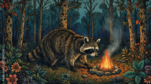 An illustration depicting a raccoon sitting by a campfire in a forest setting, with the background showcasing a dense woodland.