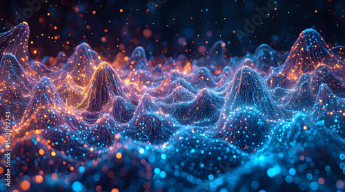 The image presents a fantastical digital landscape, featuring a wave-like pattern of mountains bathed in an array of colorful lights, giving it an ethereal and dreamlike atmosphere.