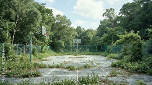 An abandoned basketball court in a wooded area, with overgrown vegetation and a faded, worn-out surface.