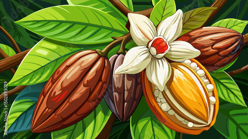 Cocoa flowers, cacao flowers on growing tree trunk close-up ,Cacao flowers on cocoa tree, macro