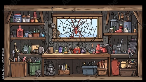 Wallpaper Mural A cluttered, rustic workshop with shelves and tools. A spiderweb hangs in front of a window Torontodigital.ca