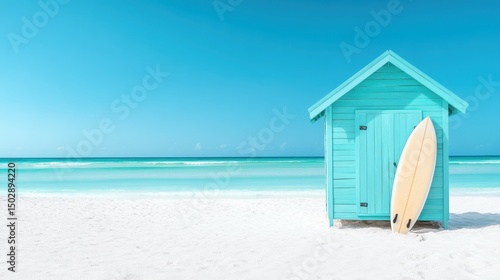 A charming aqua-colored beach hut stands against the bright blue sky and serene ocean, evoking feelings of relaxation, summer, and beachfront fun.