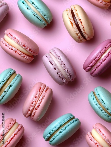Wallpaper Mural Group of colorful macarons arranged in a scattered pattern on a pink background. there are nine macaroons in total, each with a different color - pink, blue, green, yellow, and white. Torontodigital.ca