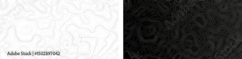Abstract topographic map background on black background. Vector illustration of geographic terrain with elevation lines. Minimalist design, contour art, digital cartography style