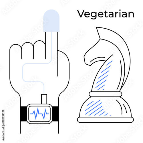 Hand with health monitor connected to finger, chess knight symbolizing strategy, and word vegetarian. Ideal for health, lifestyle, strategy, wellness, nutrition mindfulness balance. Flat simple