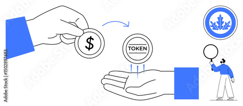 Two hands exchanging currency for digital tokens, highlighted by arrows. Includes a circular emblem and a figure holding a token. Ideal for cryptocurrency, blockchain, digital economy, fintech