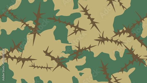 Vector camouflage pattern background with barbed wire. Hunting gear, tactical gear, Use for military purpose