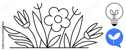 Flowers and leaves in simple line art style, accompanied by a light bulb and eco leaf inside a chat bubble. Ideal for growth, eco-awareness, innovation, sustainability, communication, creativity
