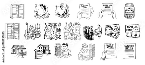 unemployment rate concept. Illustrations of finance, eviction, and community support themes.