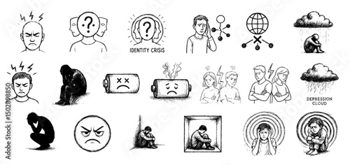 unemployment rate concept. Depictions of mental health struggles and emotional states.