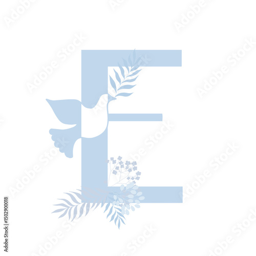 Tender blue peace family monogram. Latin letter E with dove and palm leaves on white background