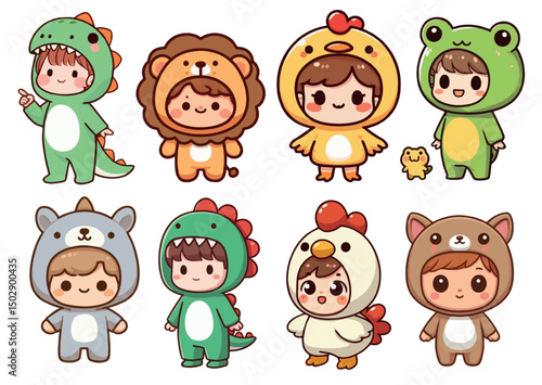 set of funny cartoon animals, set of cute children with animals costume 