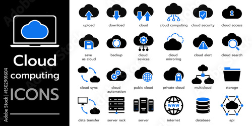 Cloud computing web icons. Cloud technology, security, data center, connection network, service, database, collection. Solid vector icons collection