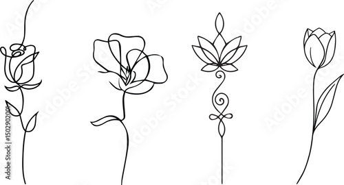 Minimalist floral line art collection featuring rose, tulip, lotus, and abstract flowers in a continuous single-line style. Perfect for tattoos, prints, and decorative design.