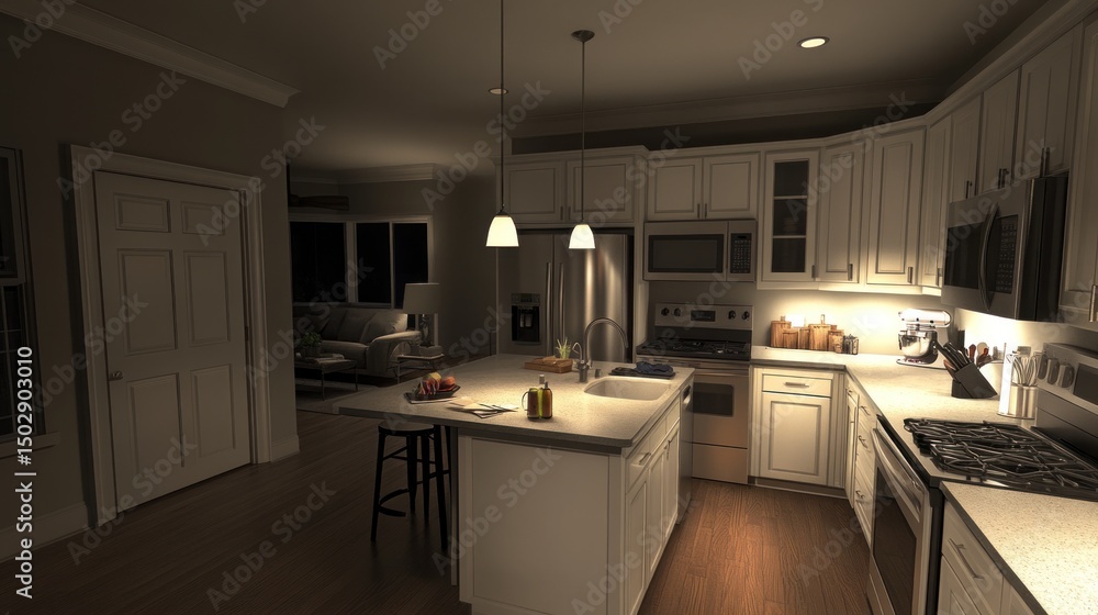 Fototapeta premium Interior kitchen scene at night.