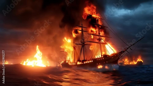A burning sailing ship engulfed in flames sinks into a stormy sea at night.