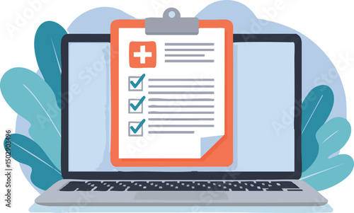 Vector Flat Illustration Online Medical Checkup, Digital Healthcare Form, E-Prescription, Telemedicine Appointment, Virtual Doctor Visit - Seamlessly Manage Your Health