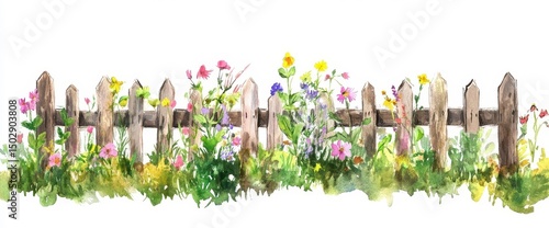 Colorful Wildflowers Blooming Along Rustic Wooden Fence