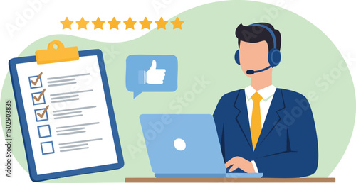 Vector Flat Illustration Customer Service Agent Providing Top-Notch Support, Checklist, and Five-Star Reviews -  Excellent Online Assistance and Client Satisfaction