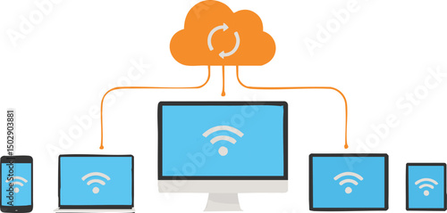 Vector Flat Illustration Cloud Computing and Device Synchronization - Seamless Data Access Across Multiple Devices