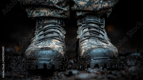 Close-up of military boots standing in muddy terrain, showcasing resilience and functionality in harsh conditions