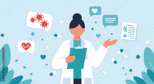 Vector Flat Illustration Female Doctor Consulting, Healthcare Advice, Medical Consultation, Virus Prevention, Patient Care