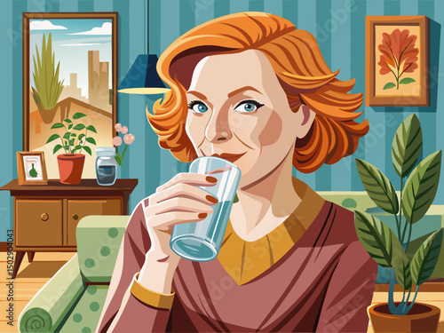 vector of Portrait of mature redhead woman drinking water in living room