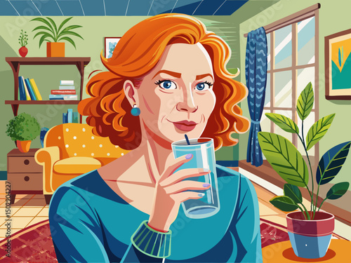 vector of Portrait of mature redhead woman drinking water in living room