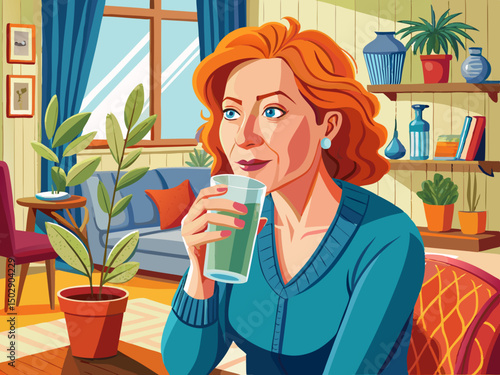 vector of Portrait of mature redhead woman drinking water in living room